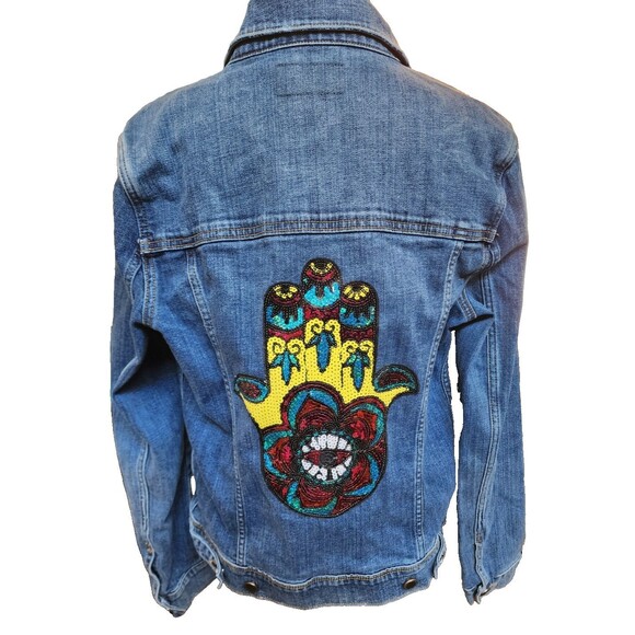 Sequin Hamsa Denim Jacket Size Large ARTICLES OF SOCIETY Hand Of Fatima - Picture 4 of 10